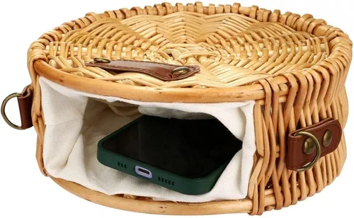 Vista 3 de Bolso de playa para mujer, bolso de mimbre rectangular tejido a mano, bolso de mimbre con perlas, bolso retro de paja de verano