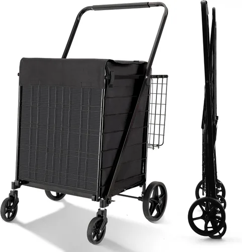Vista 12 de BIEAMA Carrito de compras plegable, carrito de comestibles de capacidad de Carrito + Cesta