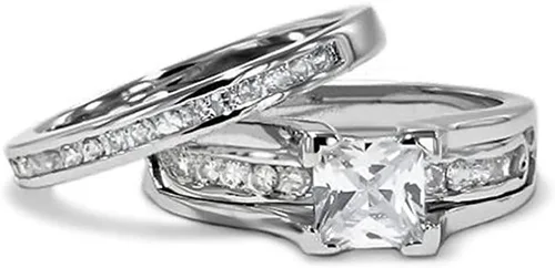 Vista 3 de Juego de anillos nupciales de plata de ley 925 de 3 quilates con circonita cúbica de corte princesa para mujer