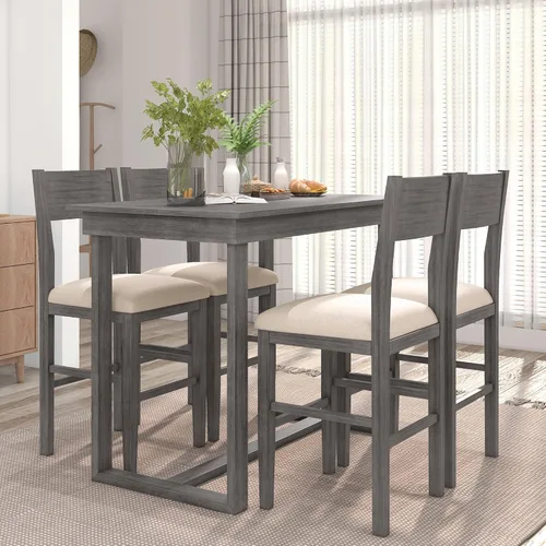 Vista 10 de Elegante juego de mesa de comedor, juego de comedor cuadrado de 5 piezas con altura de mostrador con 4 sillas tapizadas de respaldo alto, diseño