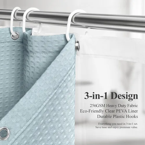 Vista 2 de 3 in 1 Waffle Shower Curtain Set with PEVA Liner 72Wx72H Fog Blue Azul Niebla