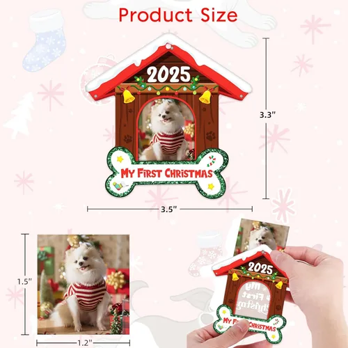 Vista 4 de FLYAB Adornos de la primera Navidad de Perros 2025-3.5 x 3.3 pulgadas, marco de fotos de perro acrílico, adorno personalizado para cachorro, adorno