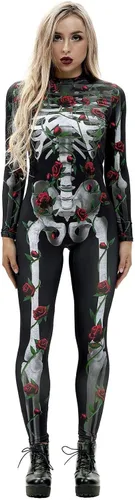 Vista 25 de Disfraz de esqueleto de calavera para Halloween para mujer, overol elástico y ajustado Skull Skeleton Costume Jumpsuits Stretch Skinny Catsuit