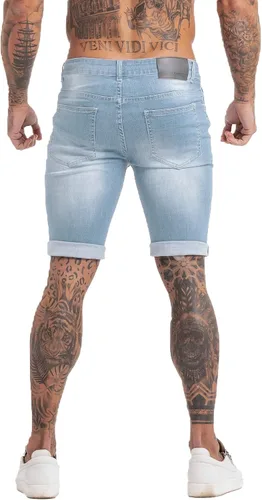 Vista 4 de GINGTTO Pantalones cortos de mezclilla para hombre, corte ajustado, elásticos, rasgados