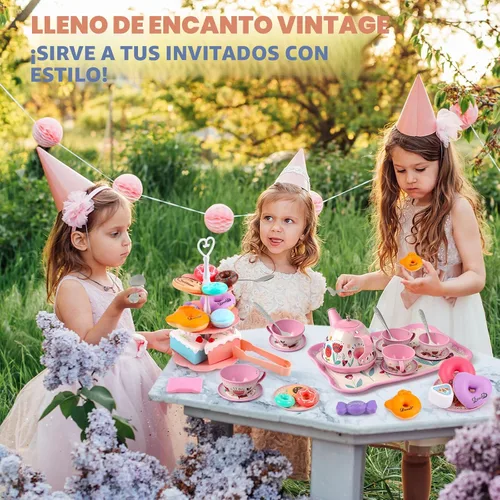 Vista 7 de Juego de fiesta de té para niñas pequeñas, juegos de té de flores, juguetes para niñas de 3, 4, 5, 6 años, juguetes de cocina para niños pequeños