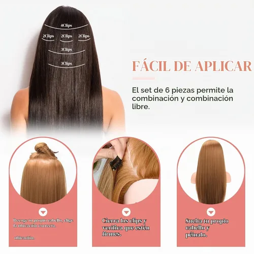Vista 5 de LONAI 6 extensiones de cabello con clip, 24 pulgadas de largo, lacio, sintético, postizo para mujer, rubio ceniza natural