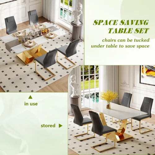 Vista 4 de Juego de mesa de comedor para 4, mesa de comedor de mármol sintético de 63 pulgadas con patas y base de acero inoxidable, sillas acolchadas