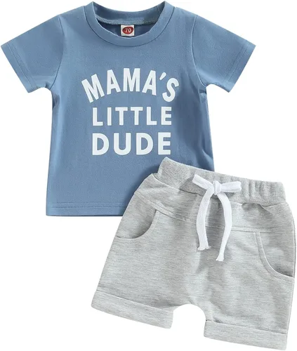 Vista 70 de Conjunto de traje de verano para bebé niño pequeño, manga corta, cuello redondo, letras impresas, lindo traje de verano, conjunto de 2 piezas
