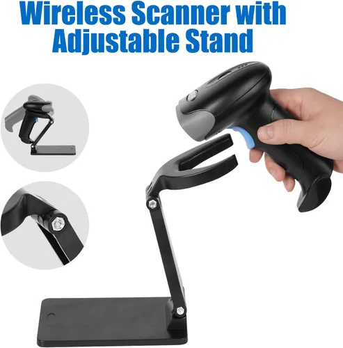 Vista 4 de Escáner de código QR con soporte plegable, escáner de código de barras 1D 2D 2.4G conexión inalámbrica y USB con cable, lector de código de barras