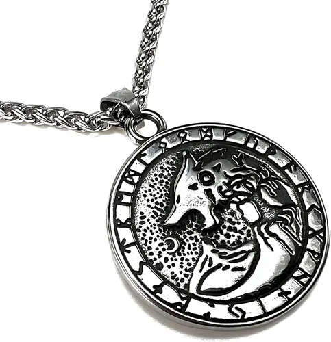 Vista 4 de FANCY-J Collar de talismán de lobo vikingo Fenrir cadena de acero inoxidable para hombre, joyería vintage para hombre, colgante de amuleto vikingo