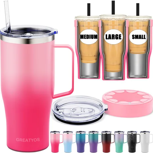 Vista 15 de Funda universal para café helado con asa - Soporte aislante de acero inoxidable reutilizable de doble pared para bebidas frías que se adapta a tazas