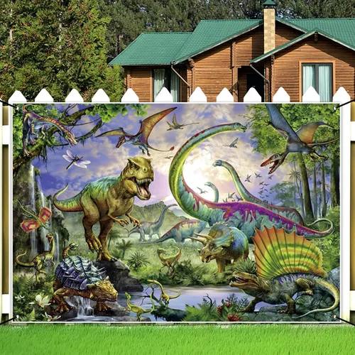 Vista 6 de Renaiss Cartel de feliz cumpleaños de 6 x 3.6 pies, decoración de fiesta de dinosaurios, jurásico, cretácico, selva, loca, aventura, fondo