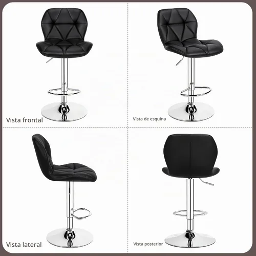 Vista 7 de Yaheetech Juego de 2 taburetes de bar, modernas sillas ajustables para isla de cocina, taburetes giratorios de piel sintética negra para bar, Negro