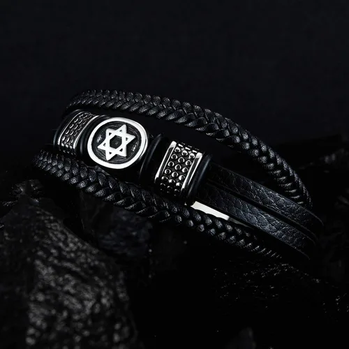 Vista 4 de Vanski - Pulsera de cuero trenzado multicapa de acero inoxidable diseño de estrella de David