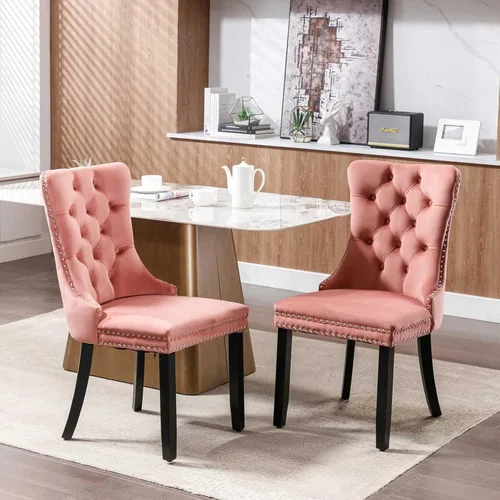 Vista 12 de Silla de comedor tapizada de terciopelo con respaldo copetudo y patas de madera, silla auxiliar moderna decoración de remaches, para comedor Negro