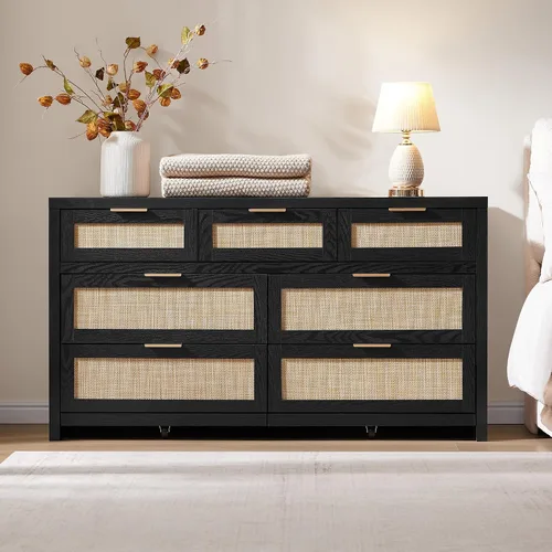 Vista 2 de SICOTAS Cómoda de 7 cajones para dormitorio, cómodas de ratán de 57" de ancho, cómoda grande con cajones para dormitorio, cómoda soporte de TV