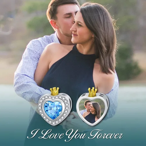 Vista 3 de LONAGO Abalorio personalizado con foto para mujer, plata de ley 925, con forma de corazón, piedra natal simulada