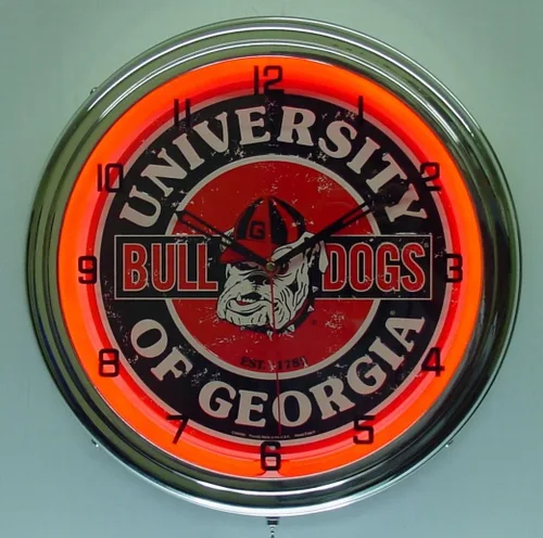 Vista 3 de University of Georgia Logo Sign Reloj de pared iluminado neón cromado rojo