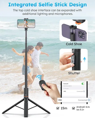 Vista 2 de VRIG - Trípode para teléfono de 63 pulgadas con control remoto inalámbrico Soporte de trípode ajustable portátil extensible para grabar viajes