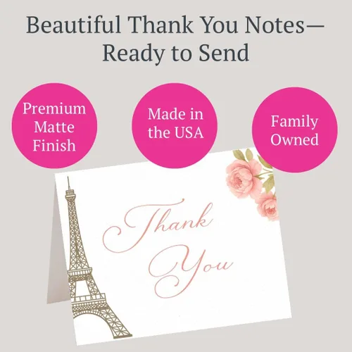 Vista 2 de Merci Thank You Cards - Notas de la Torre Eiffel, notas temáticas francesas con sobres (24 unidades) Merci Thank You Notes With Eiffel Tower For