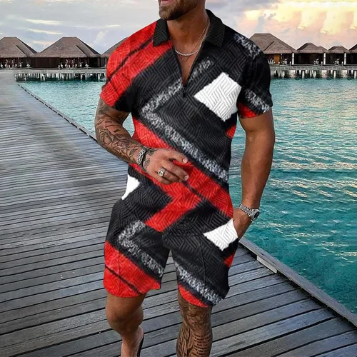 Vista 2 de Conjunto de camisa polo y pantalones cortos para hombre, 2 piezas, trajes casuales con cremallera de un cuarto, manga corta, chándal de verano