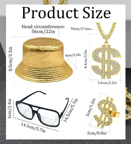 Vista 4 de VGGAEELY Kit de disfraz de hip hop, traje de los años 80 y 90 para mujeres y hombres, sombrero dorado, cadena de dinero, collar, lentes de sol