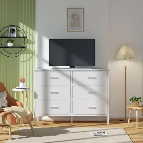 Vista 7 de BOLUO Cómoda blanca para dormitorio, 6 cajones, soporte de TV ancho para aparadores de TV de 50 pulgadas y cajoneras de tela para armario moderno