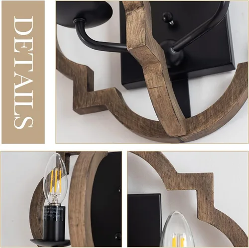 Vista 6 de VILUXY Apliques de pared de madera retro industrial, lámpara de pared geométrica de granja, lámparas de pared negras para dormitorio, pasillo