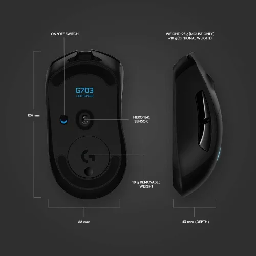 Vista 3 de Logitech G 703 Lightspeed - Mouse inalámbrico para juegos con sensor Hero 25K, compatible con PowerPlay, Lightsync RGB, ligero 95G+10G opcional