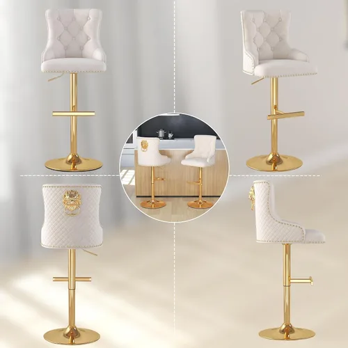 Vista 9 de Juego de 2 taburetes de bar de terciopelo, altura ajustable, base de metal dorado, beige Diseño de cabeza de clavo, función giratoria, ideal