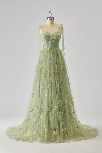 Vista 2 de Vestidos de fiesta de manga hinchada, tul bordado de flores, sin espalda, acampanado, vestido de fiesta formal de noche para mujer