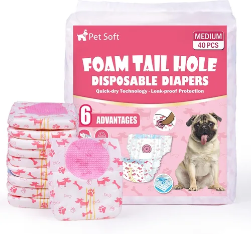 Vista 9 de Pet Soft Pañales desechables para perras, pañales para perras con agujero de cola de espuma ajustable, ultra protección, pañales para cachorros