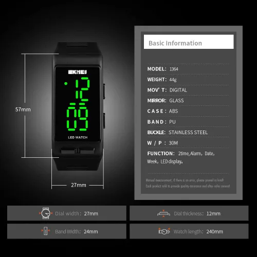Vista 7 de Reloj digital deportivo rectangular negro para hombre, impermeable, pantalla LED, gran cara, militar, luminoso, cronómetro, alarma, militar, reloj