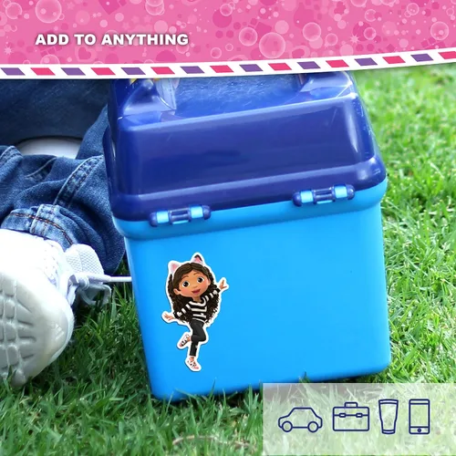 Vista 5 de DreamWorks Gabby's Dollhouse - Juego de 3 calcomanías de vinilo para botella de agua, bicicleta, casco, laptop, monopatín, coche, vinilo resistente