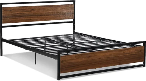 Vista 6 de Base de cama de metal de tamaño matrimonial con cabecera y estribo de madera, base de cama de plataforma resistente con almacenamiento, base