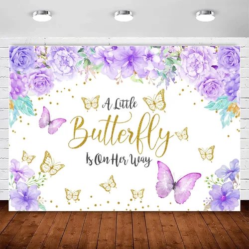 Vista 8 de Telón de fondo de mariposa para baby shower, con texto en inglés "A Little Butterfly is On Her Way", fondo de baby shower, fondo de mariposa floral