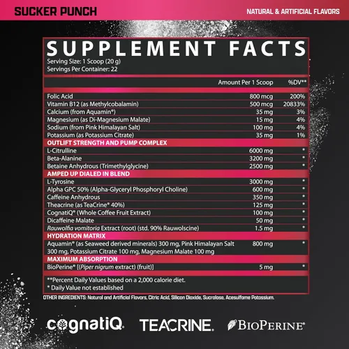 Vista 6 de OUTLIFT Amped Max Dosed HIGH STIM - Polvo para antes del entrenamiento, citrulina 6G, 3.2G Beta alanina, Alpha GPC, CognatiQ, energía extrema