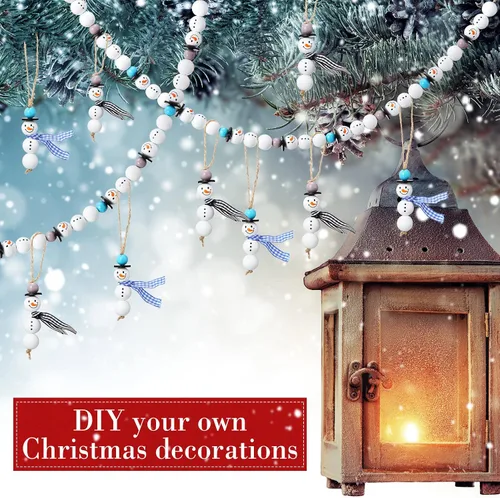 Vista 4 de 180 piezas de cuentas de madera de muñeco de nieve de Navidad con estampado de tartán de búfalo de Navidad, cuentas de madera redondas de invierno