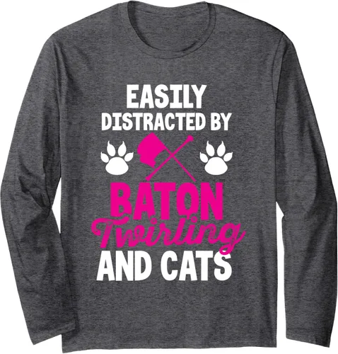 Vista 5 de Camiseta de manga larga con texto "easy Distracted By Baton Twirling and Cats Majorette Twirling", Negro
