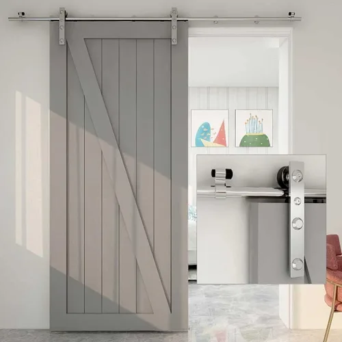 Vista 4 de CCJH Kit de herrajes para puertas correderas de acero inoxidable de 5.5 pies, kit de puerta de granero de madera resistente y suave, apto
