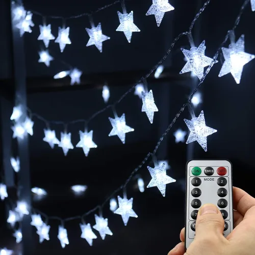 Vista 9 de Guirnalda de luces de estrellas que funcionan con pilas, 16.4 pies, 50 luces LED impermeables, luces de Navidad alimentadas por batería con 8 modos