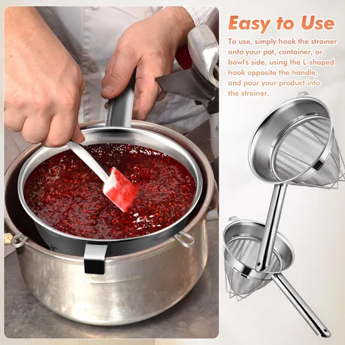 Vista 5 de Nuogo Juego de 2 coladores chinos de acero inoxidable de malla fina de metal para caldo de alimentos, colador de malla fina con mango y espátula