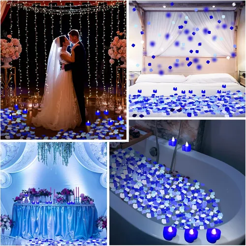 Vista 4 de Honoson 1000 pétalos de rosa artificiales con 24 velas LED en forma de corazón sin llama, decoraciones nocturnas románticas especiales para Blanco