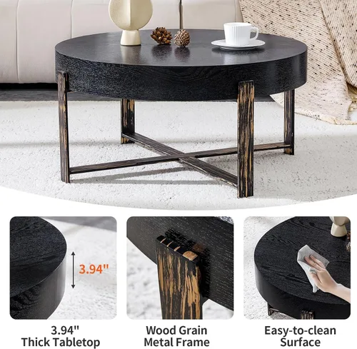 Vista 4 de Mesa de centro redonda de 30.7 pulgadas, mesas de centro modernas para sala de estar, mesa de té circular de madera con patas de metal