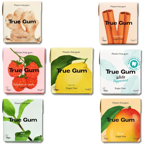 Vista 10 de True Gum Goma de mascar sin plástico, sabor menta, goma de mascar sin azúcar hecha con xilitol, a base de plantas, vegana, biodegradable, sabores