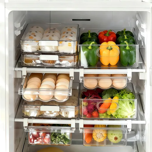 Vista 5 de Organizadores de cajones para refrigerador, almacenamiento de huevos para refrigeradores, soporte para huevos para refrigerador, extraíble con asa