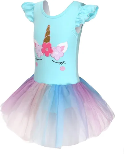 Vista 4 de EQSJIU Leotardos de ballet de unicornio con tutú para niñas pequeñas, vestido de falda de tul de algodón para bailar
