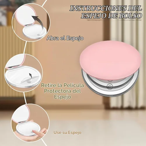 Vista 3 de Kakuje Espejo compacto con luz, espejo de bolsillo LED de aumento 1X/3X con cable de datos USB, mini espejo para bolso, bolsillo, viaje y regalo Rosa