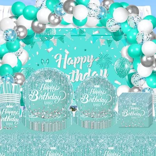 Vista 6 de Vajilla de fiesta verde azulado y plateado, paquete completo para cumpleaños, fiesta de baby shower, incluye platos, vasos, servilletas, pajitas