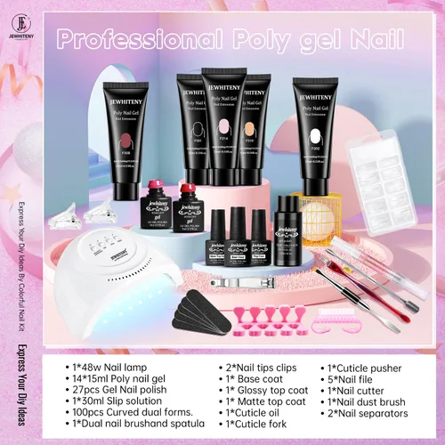 Vista 2 de JEWHITENY Kit de uñas de gel de 14 colores, kit de esmalte de uñas de gel de 27 colores con luz UV todo en uno, kit de iniciación de arte de uñas